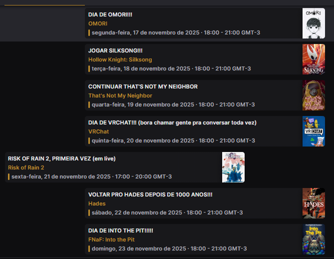 TEMOS ALGUMAS LIVES MARCADAS PRA ESSA SEMANA!!!! (Vou manter os jogos possíveis de zerar na programação ATÉ ZERAR, depois de zerar eu vou trocar de jogo) twitch.tv/tac_edward/sch…