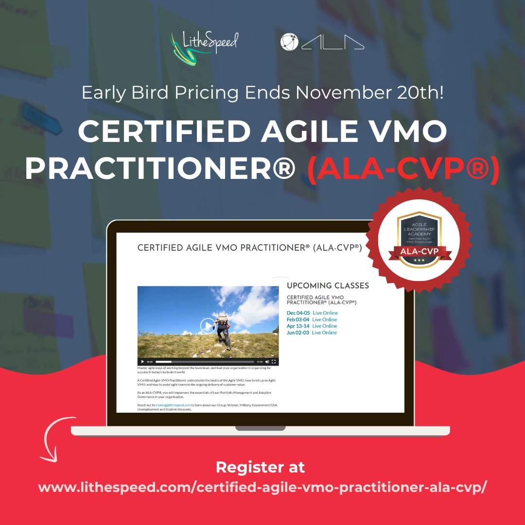 lithespeed's tweet image. Last Chance for early bird pricing!

Join us December 4–5 for the final Certified Agile VMO Practitioner (ALA-CVP) training of the year, led by Sanjiv Augustine.

Register today: lithespeed20.regfox.com/certified-agil…

#certifiedtraining #agilevmo #vmo #vmopractitioner #cal1 #certifiedagilelead