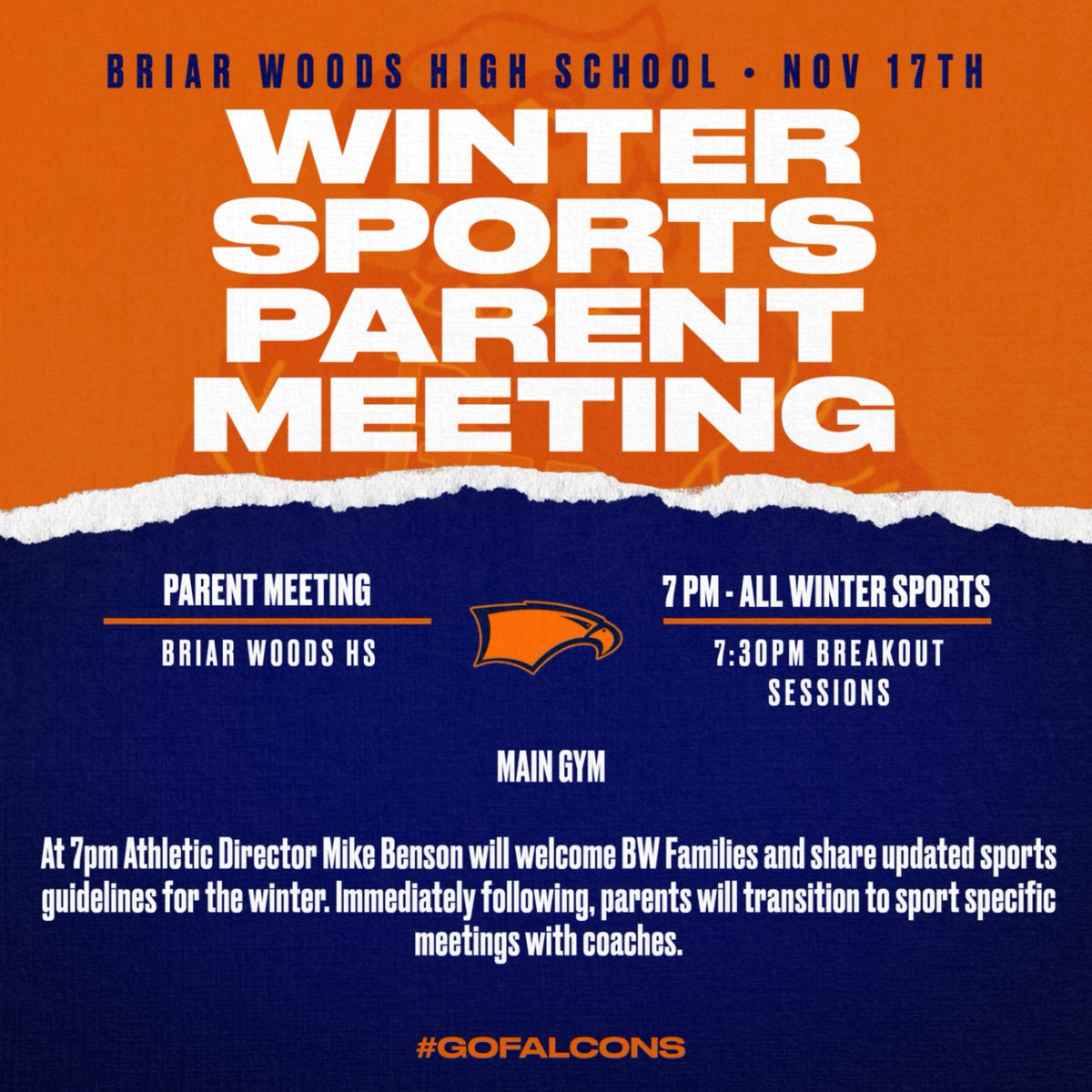 BWHSAthletics's tweet photo. Don't forget tonight is our Winter Sports parent Meeting, 7pm in the Main Gym! https://t.co/vehehc9xuQ