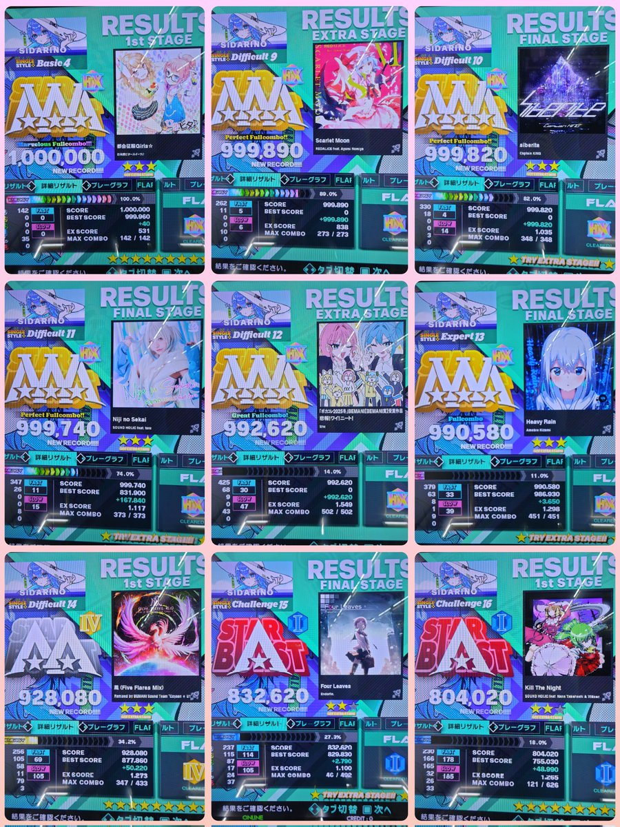 昨日のSP成果【足4～16】
MFC/PFC/鳥ｺﾝEX/新規クリア

🌟④都会も世界もあたしんだし!! Hey!!
これでA3楽曲の足4以下全MFCリーチ
🌟⑩𝐬𝐢𝐛𝐞𝐫𝐢𝐭𝐞、DDPも良譜面でしたが
DSPもやはり良譜面、楽しー
🌟⑬𝐇𝐞𝐚𝐯𝐲 𝐑𝐚𝐢𝐧、ジャケが可愛い
13の鳥ｺﾝEX獲得よっしゃーい🙌