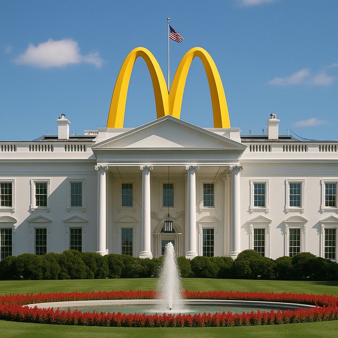 The White House facade stands prominently with white columns and a portico under a clear blue sky. Large golden McDonalds arches are superimposed over the roof, integrated with the structure. The American flag flies from a pole on the left side. A circular fountain with red flowers surrounds the base in the foreground with green lawns.