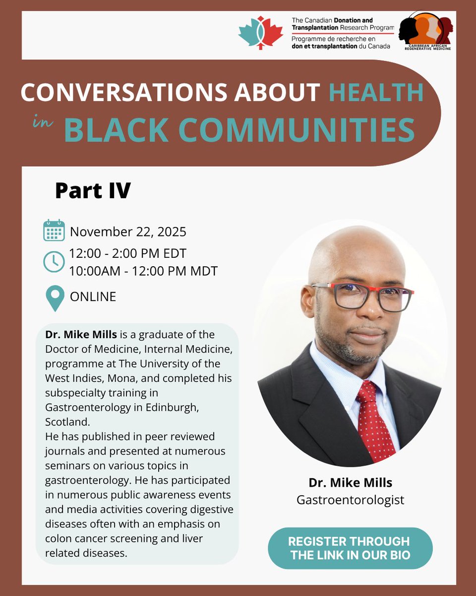 CARMnetwork's tweet photo. Webinar 4 of the Conversations About Health in Black Communities series is coming up!

Hear from Dr. Mike Mills, a gastroenterologist who is going to discuss topics such as autoimmune liver diseases, patient self advocacy and more!

Sign up now with the link in our bio! https://t.co/t7uKd3BIiG
