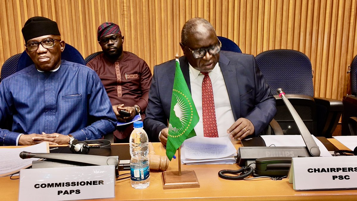 AUC_PAPS's tweet photo. At the #AUHQ: Launch of the African Union Post Conflict, Reconstruction & Development Awareness Raising Week during the 1312th meeting of the AU peace & Security Council . Chairing today’s meeting, Amb. Churchill Ewumbue-Monono of #Cameroon highlighted key #PCRD achievements this year, including tomorrow’s launch of the 2nd AU PCRD Peace Journal and the 5th PCRD Awareness Week (17 and 20 Nov) under the theme, Redeeming Lives After Conflict Through Preparatory Justice, to be celebrated in Addis Ababa & Cairo.