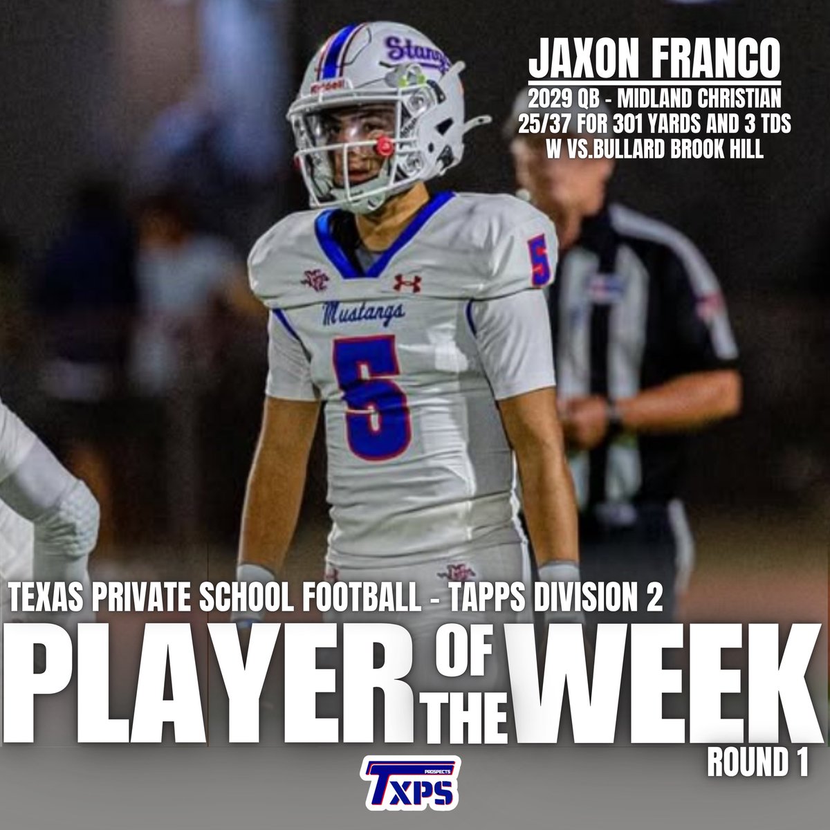 TXPrivateFBGuy's tweet image. 🚨 TXPSFB Player of the Week 🚨 
🚨 TAPPS D2🚨 
🚨 Playoffs Round 1 🚨 

Jaxon Franco - @FrancoJaxon 
2029 QB - Midland Christian

@MCSMustangFB 
@phil_dawson_4 
@Dru_Dawson4 
@StonedaleChris 

#RecruitTXPSFB