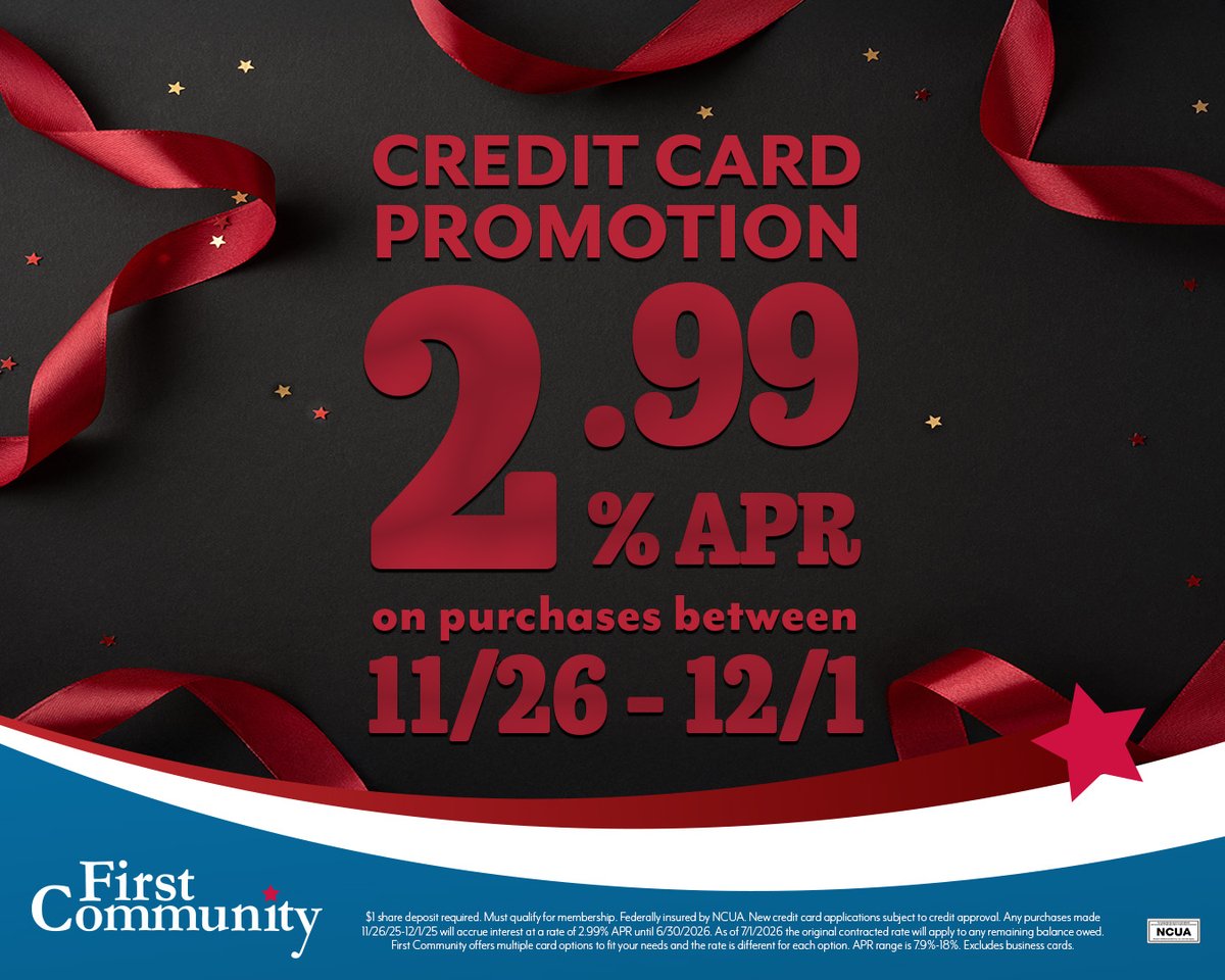 firstcommunity's tweet image. Get the most out of Black Friday deals this year!💳 Starting November 26th, credit card purchases will only accrue a 2.99% APR! This promotion will end on December 1st, and will be active during Black Friday, Small Business Saturday, and Cyber Monday.
qr2.mobi/FCCreditCard