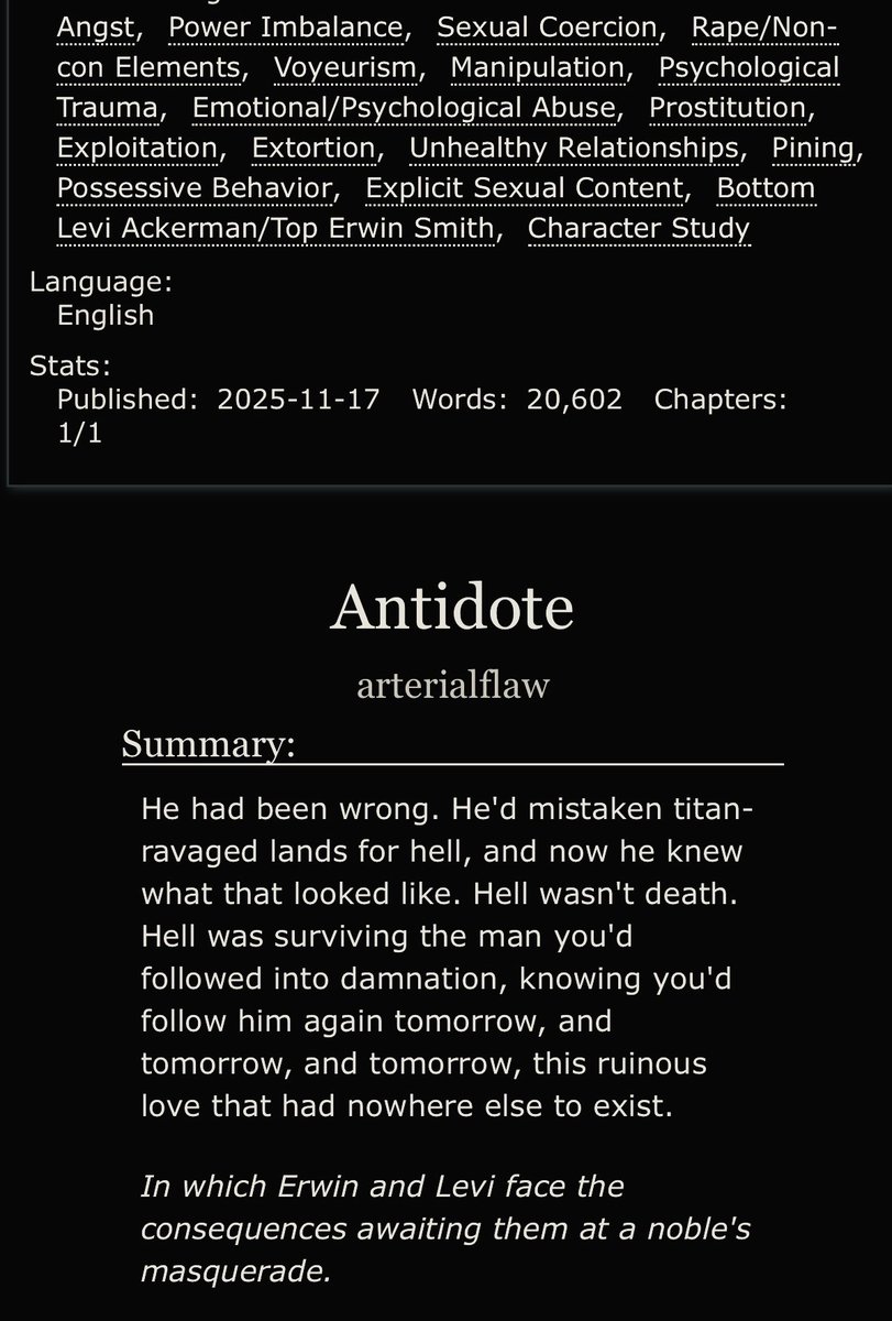 arterialflaw's tweet photo. Antidote ▴ a dark #eruri week one-shot. 
https://t.co/7aDyIrz2YU 

▴ Forced Voyeurism 
▴ Psychological Manipulation 
▴ Destructive Obsession 

#DarkEruriWeek2025 Day 8 - Free Choice https://t.co/LY8gC8fqWJ