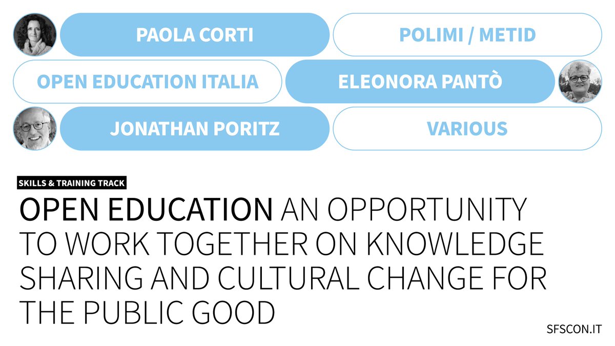 SFScon's tweet image. 📚 Open Education

🎤 Paola Corti (@polimi), Eleonora Pantò (@OpeneduI) &amp;amp; @poritzj  were speakers at #SFSCON25, their talk was part of the Skills &amp;amp; Training track.

🤝 Supported by FUSS
🎥 Watch this presentation and discover more here! sfscon.it/talks/open-edu…