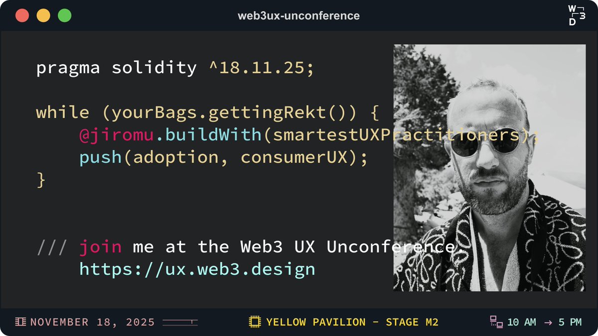 gm from BA 🇦🇷
rolling up to <a href="/EFDevcon/">Ethereum Devcon</a> for the UX unconference. 
ready to build, ship, break things &amp; talk about making the ecosystem less mid 🛠️
who else is there? let's cook 👨‍🍳
#UX #Devconnect #Ethereum