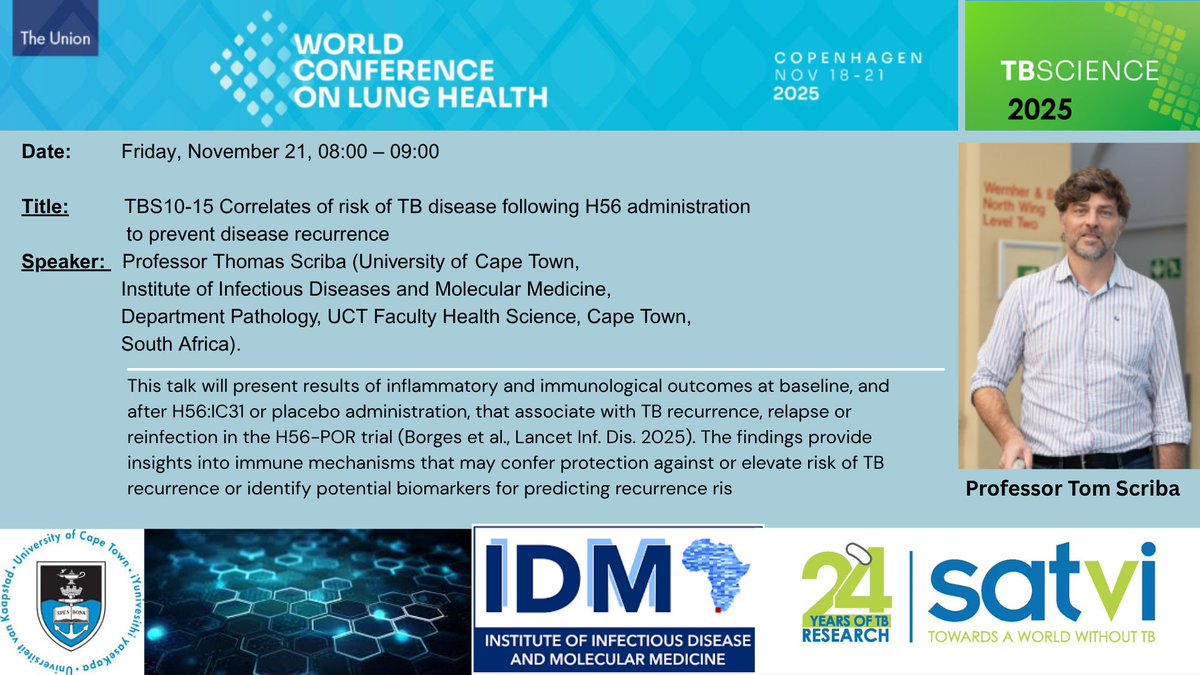 Results of inflammatory &amp; immunological outcomes at baseline, &amp; after H56:IC31 or placebo administration, associating with TB recurrence, relapse or reinfection in the H56-POR trial. TB science Sessions <a href="/UnionConference/">The Union Conference</a> on Friday November 21. <a href="/UCTIDM/">UCT IDM</a> <a href="/UCTHealthSci/">UCT Health Sciences</a> <a href="/UCT_Research/">UCT Research</a>
