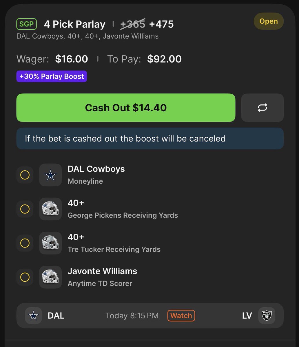 _Dylan_23's tweet image. My #MNF SGP 😈🏈

+475 with the 30% boost🚀
Dropping 1.6 U on this play 🔥 

Drop a ❤️ and comment below ! 

#DallasCowboys  #RaiderNation