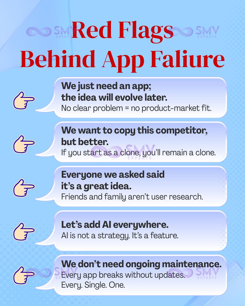 smvexperts's tweet image. Most apps fail before a single screen is designed.

The biggest red flag?

“We’ll figure it out later.” 

Clarity beats features every time. What’s the worst startup red flag you’ve seen?

Follow @smvexperts for apps &amp;amp; websites that sell.

#AppDevelopment #Startups #MobileApps
