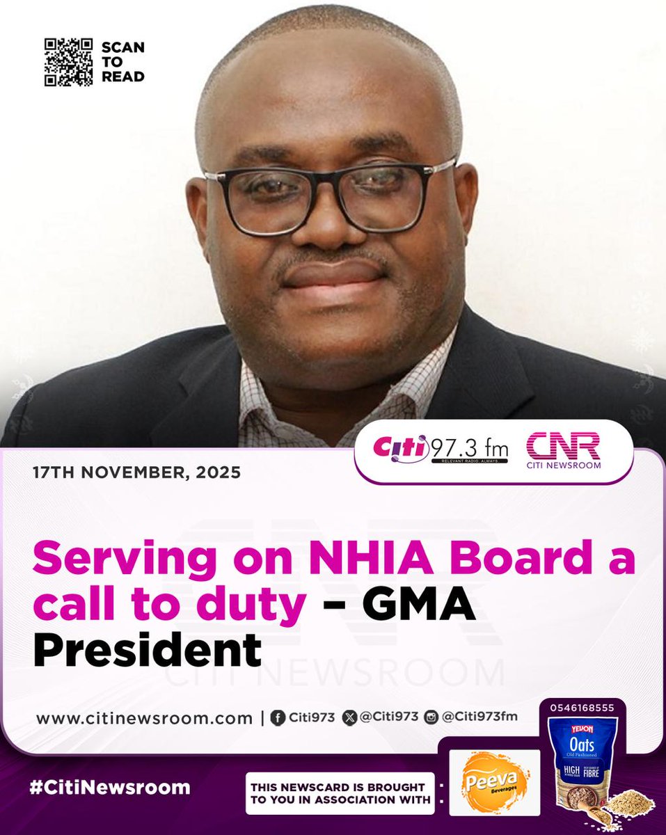 Citi973's tweet photo. Prof. Ernest Yorke, President of the Ghana Medical Association (GMA), has described his appointment to the Board of the National Health Insurance Authority (NHIA) as a call to national duty.

| Read more here: https://t.co/j8Mg0vw8OW 

#CitiNewsroom #CitiFM #GhanaNews https://t.co/YxZ2nRg2mm