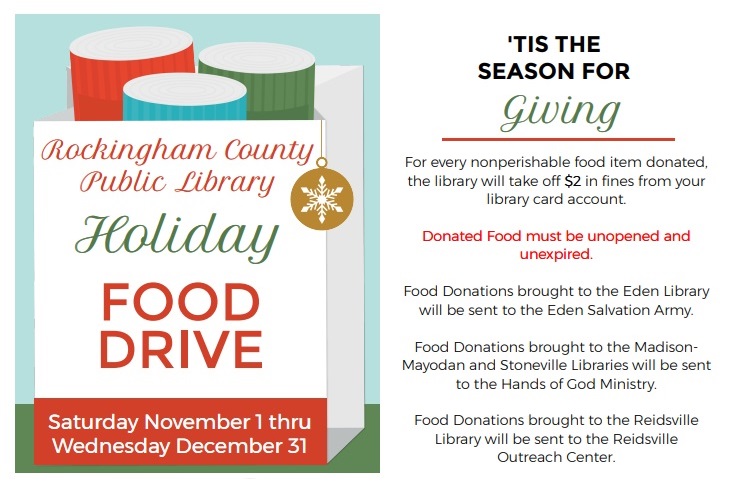 RCP_Library's tweet image. A friendly reminder that Food for Fines is happening at Rockingham County Public Library from November 1st until December 31st (1 item = $2)! Also, if you don&apos;t have a fine, you can still donate unperishable food through our library branches at this time.