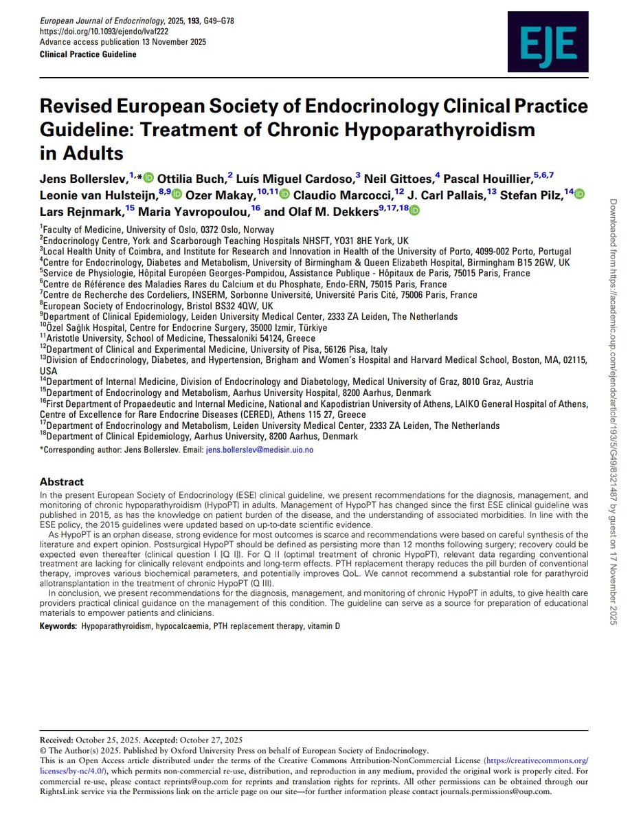 giorg_kyriakos's tweet image. 🆕 @ESEndocrinology 2025 #Hypoparathyroidism Guidelines: 
• Focus on biochemical targets + symptoms
• Stepwise optimisation before #PTH
• PTH therapy ↓ pill burden &amp;amp; may ↑ QoL
• Clear algorithms for Ca/VitD + PaloPeg titration

🔗 doi.org/10.1093/ejendo…
#EndoTwitter
