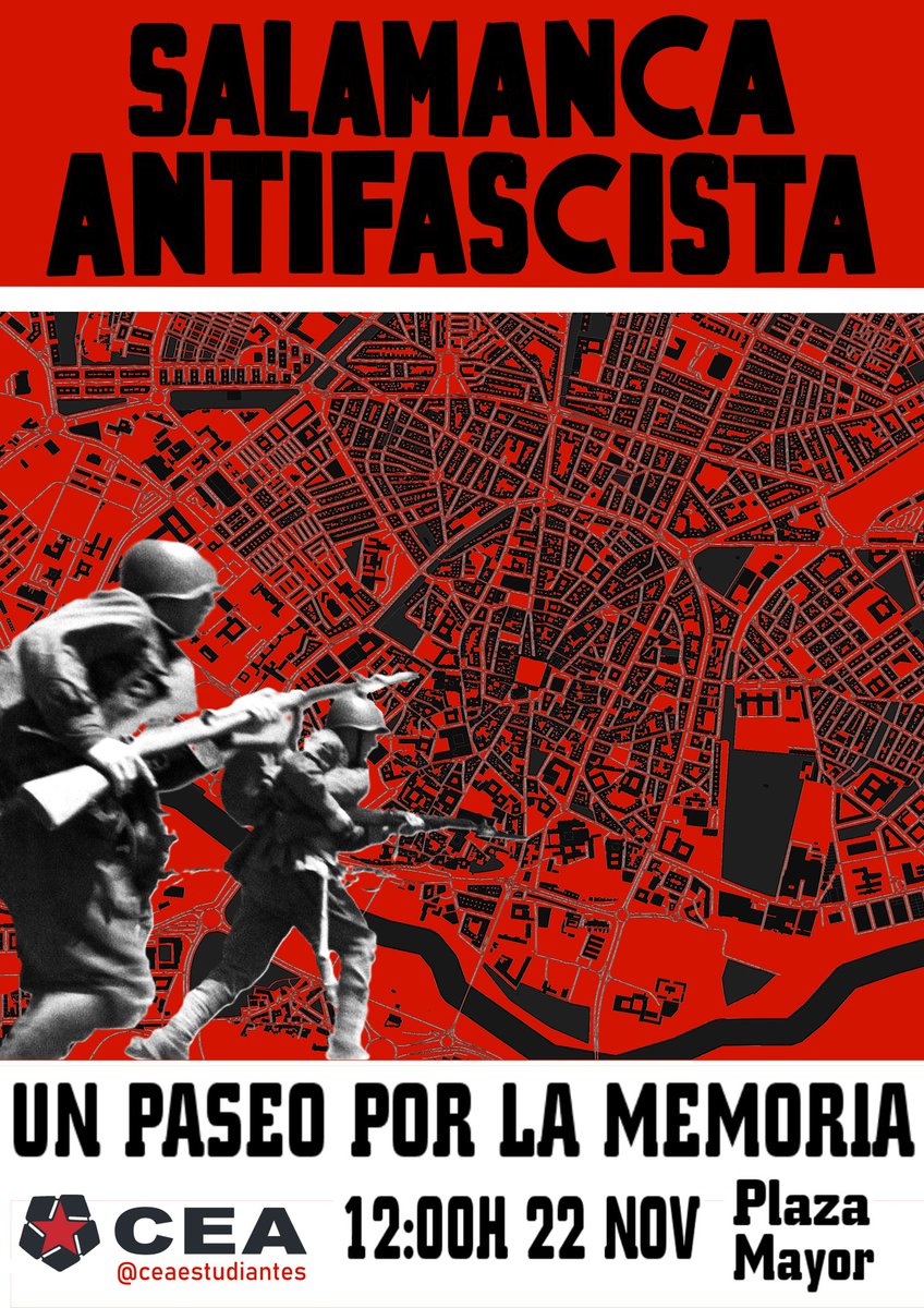 ✊‼️Por este 20N desde CEA recordamos el pasado antifascista de Salamanca en un tour completamente gratuito donde aprenderemos sobre la historia de la ciudad.

Apúntate‼️Sábado 22 Noviembre, 12h, 📍Plaza Mayor