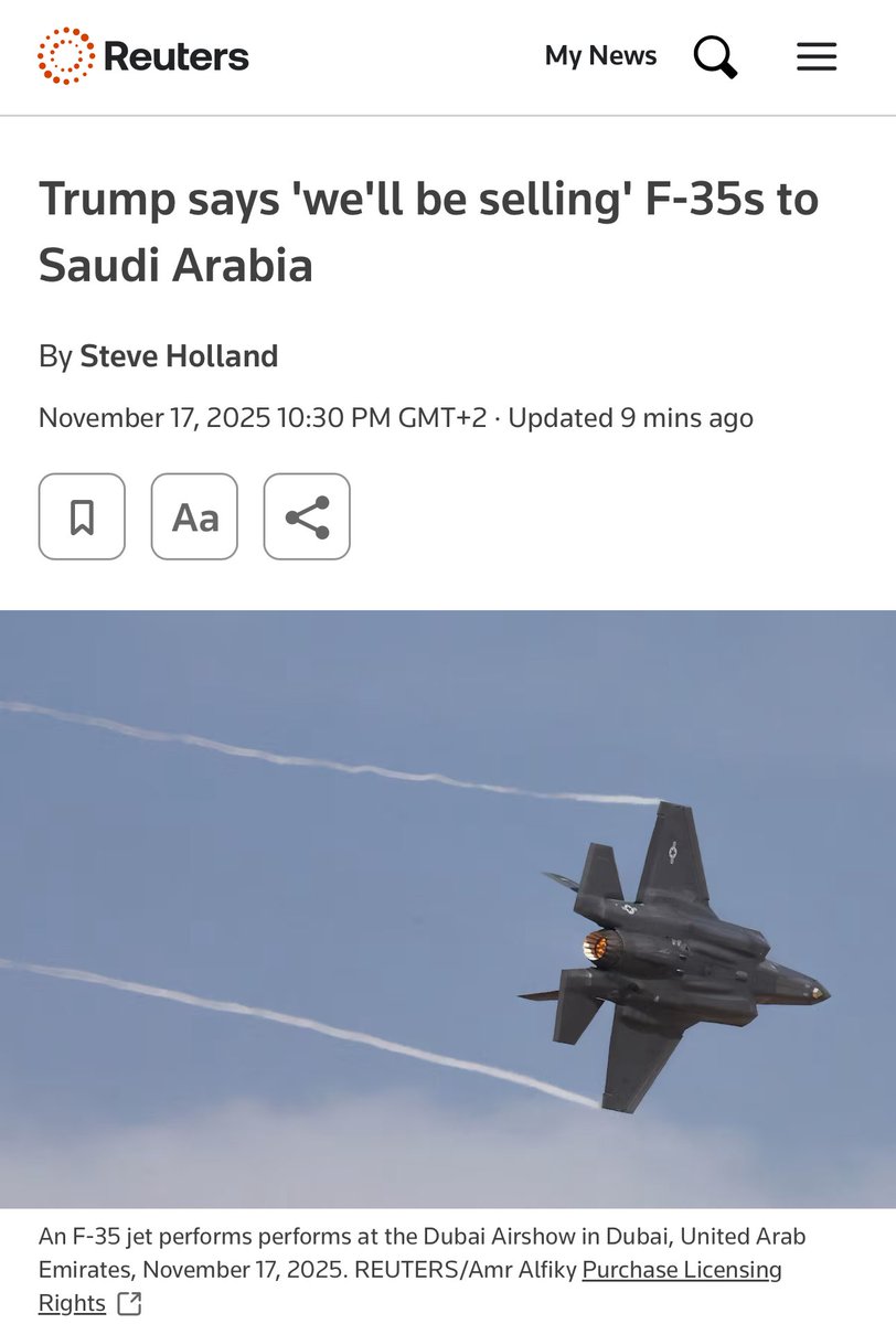 🇺🇸Trump az önce açıkladı : “Suudi Arabistan’a F-35’leri satacağız.”
🤔E bizimkiler ne oldu?
💰Parasını da ödemiştik üstelik.
💡Hatta Erdoğan, dostu Trumpla “fevkaladenin de fevkinde” bir görüşme yapmıştı.
🇸🇦Araplar “fevkaladenin neresinde” bir görüşme yaptılar da uçakları