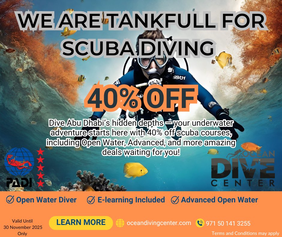 DiveAbuDhabi's tweet image. TANKFUL FOR THE SEA — TANKFUL FOR DIVING
40% OFF ALL SCUBA COURSES!

Explore Abu Dhabi’s underwater beauty with 40% off Open Water, Advanced Open Water, and other exciting scuba programs. Your next adventure starts here! #padi  #padicourse  #scubadiving  #scuba #diveabudhabi