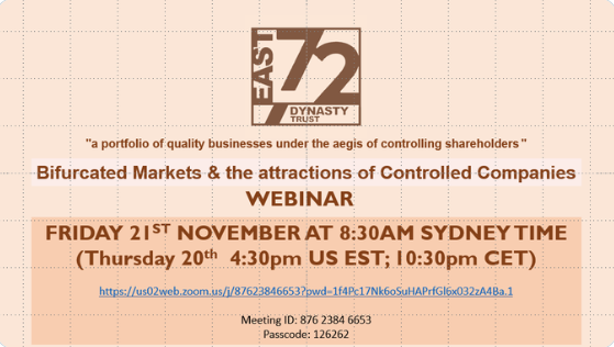 <a href="/East72Dynasty/">East 72 Dynasty Trust</a>  Three days time 8:30am Australian time on Friday 21st November = 4:30 US East Coast &amp; 10:30pm continental Europe (9:30pm UK) Current thoughts and portfolio update