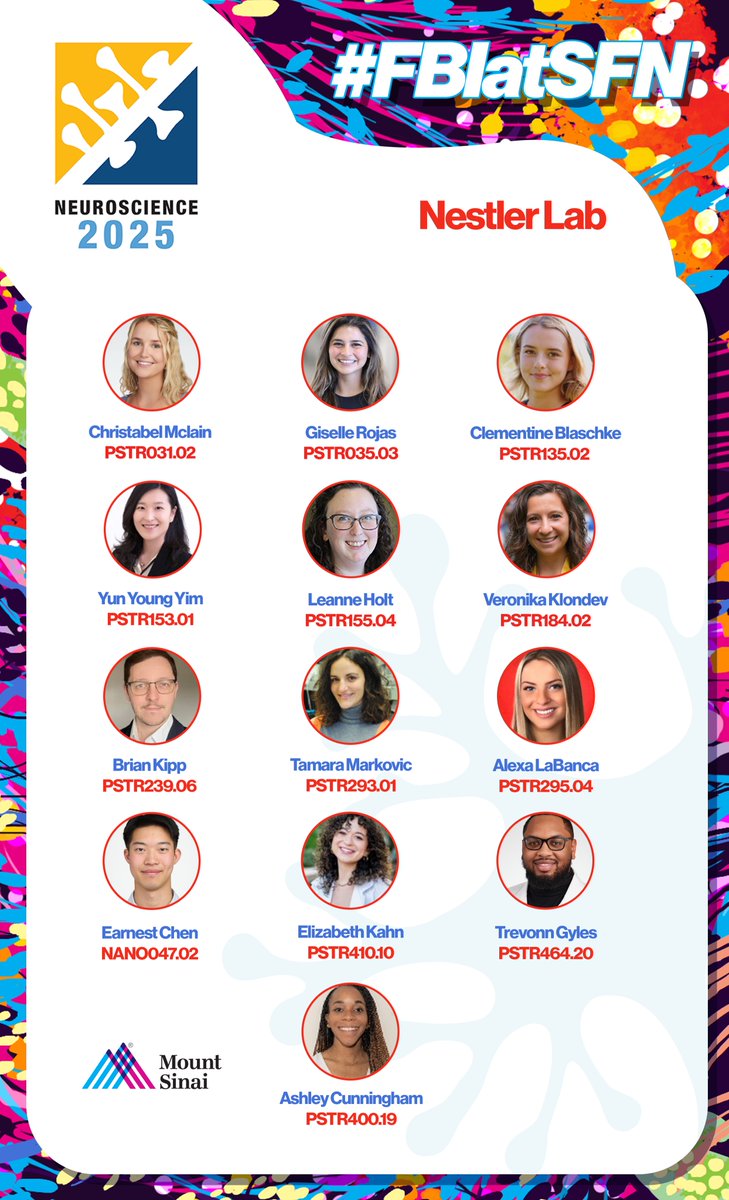 The #NestlerLab is VERY EXCITED to join our colleagues from @icahnmountsinai, the #FriedmanBrainInstitute &amp; #NashNeuroscience at #SfN2025! In #SANDIEGO? Make sure to stop by, check out our presentations and learn about our work. See Our Itinerary Here👉files.constantcontact.com/d41ee115401/ec…