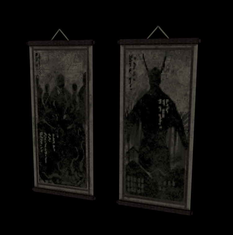 YOKAIHUNT's tweet photo. Creepy, ancient scrolls hanging on the walls.

#gamedev #horrorgame https://t.co/92mySMvyrw