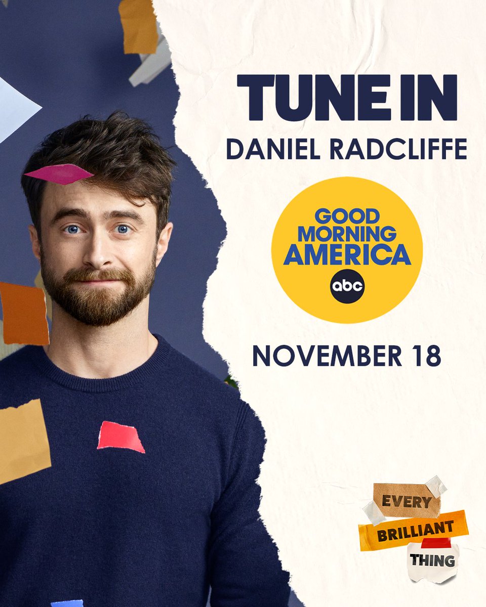 Brilliantbway's tweet photo. Tune in to see Daniel Radcliffe share more about Every Brilliant Thing on @goodmorningamerica, tomorrow, November 18 at 8:00AM EST https://t.co/hfFUEY92vj