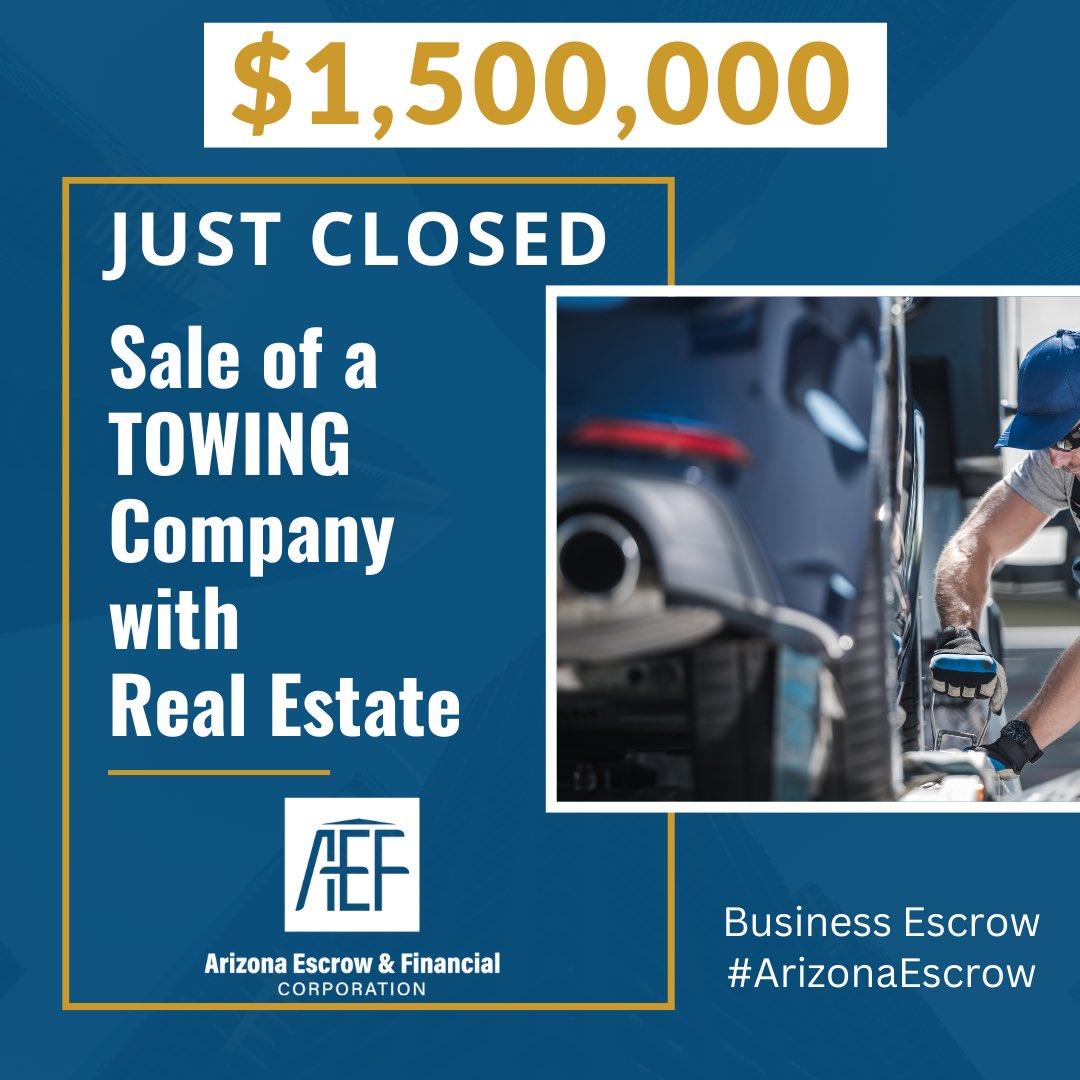 arizonaescrow's tweet image. At AEF, we take pride in being the trusted escrow partner for small business owners and the business brokerswho support them.😊

🎉We’re excited to share a recent success: our team assisted in the seamless closing of a $1.5 Million purchase of a towing company with real estate.