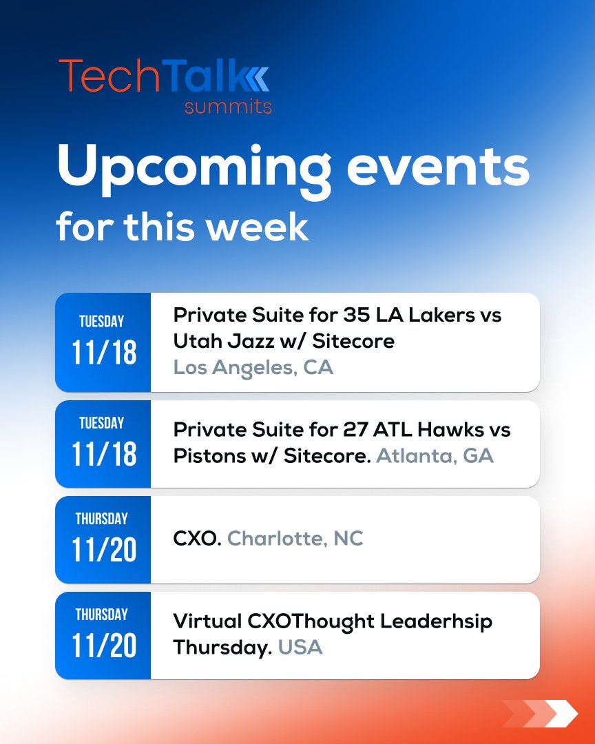 techtalksummits's tweet image. Happy Monday from #TechTalkSummits! Coming up this week:

Tuesday 11/18 - LA Lakers vs. Utah Jazz Game - Los Angeles, CA
Tuesday 11/18 -  ATL Hawks vs. Detroit Pistons Game - Atlanta, GA
Thursday 11/20 - CxO Summit - Charlotte, NC
Thursday 11/20 - Thought Leadership Thursday -…
