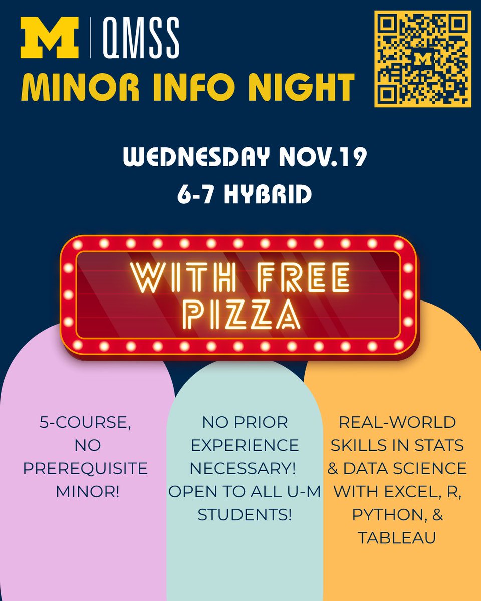 UmichQMSS's tweet photo. Mark your calendars for 11/19/25! 🎉 Join us for the QMSS Minor Info Night — and yes, there will be pizza 🍕 #QMSS #UMICH https://t.co/lRhFFMYDay
