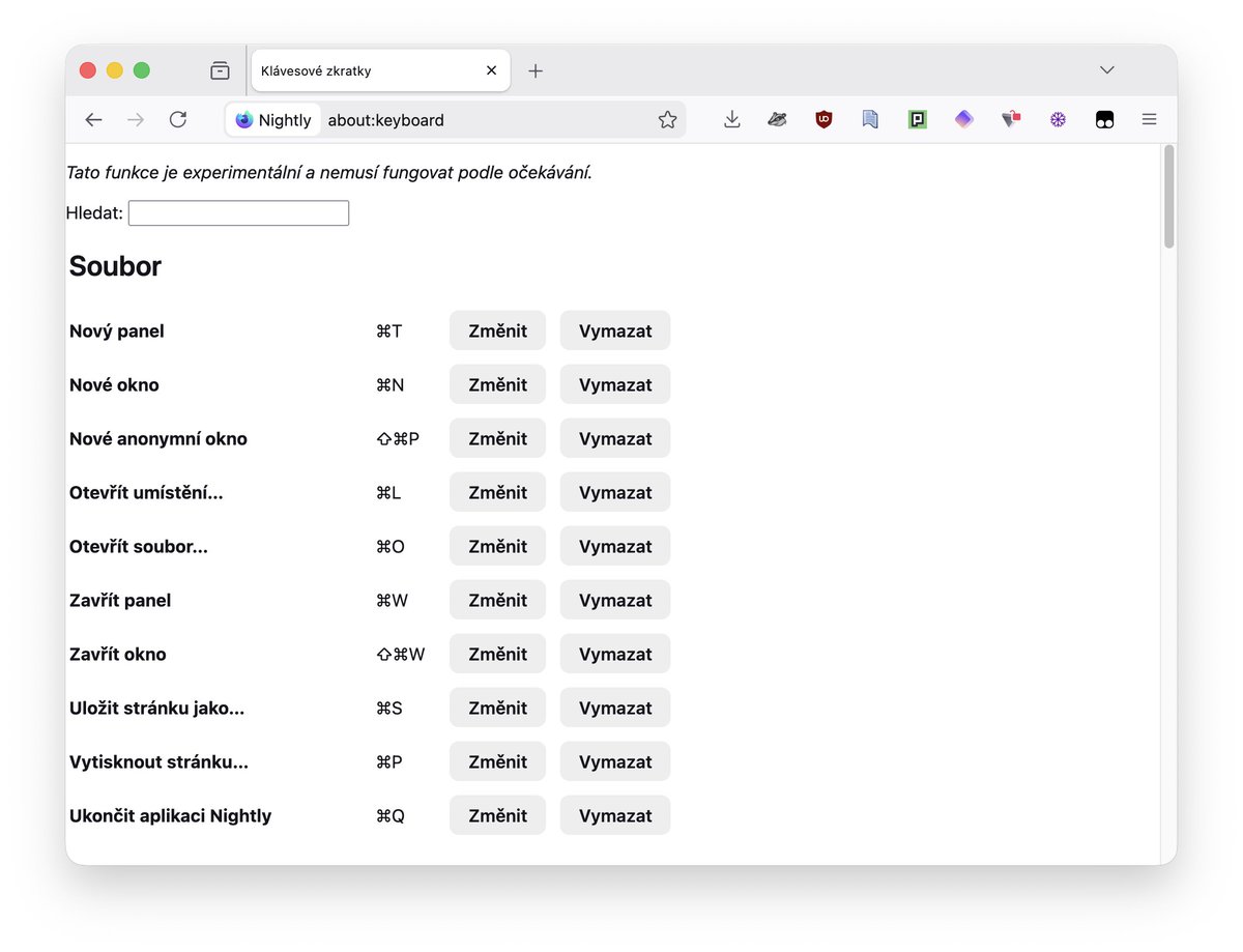 Pokud ve vývojové verzi Firefoxu zadáte do adresního řádku "about:keyboard", zobrazí se vám připravovaná funkce na konfiguraci klávesových zkratek prohlížeče.