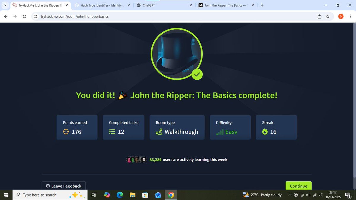 dvniel_exe's tweet image. Day 67 of 100 ⚜️ 
Today I learned how to use John the Ripper. This was a really nice room even though I got stuck at some points. I might just lock in on cryptography in the future 
#100DaysOfCybersecurity #tryhackme