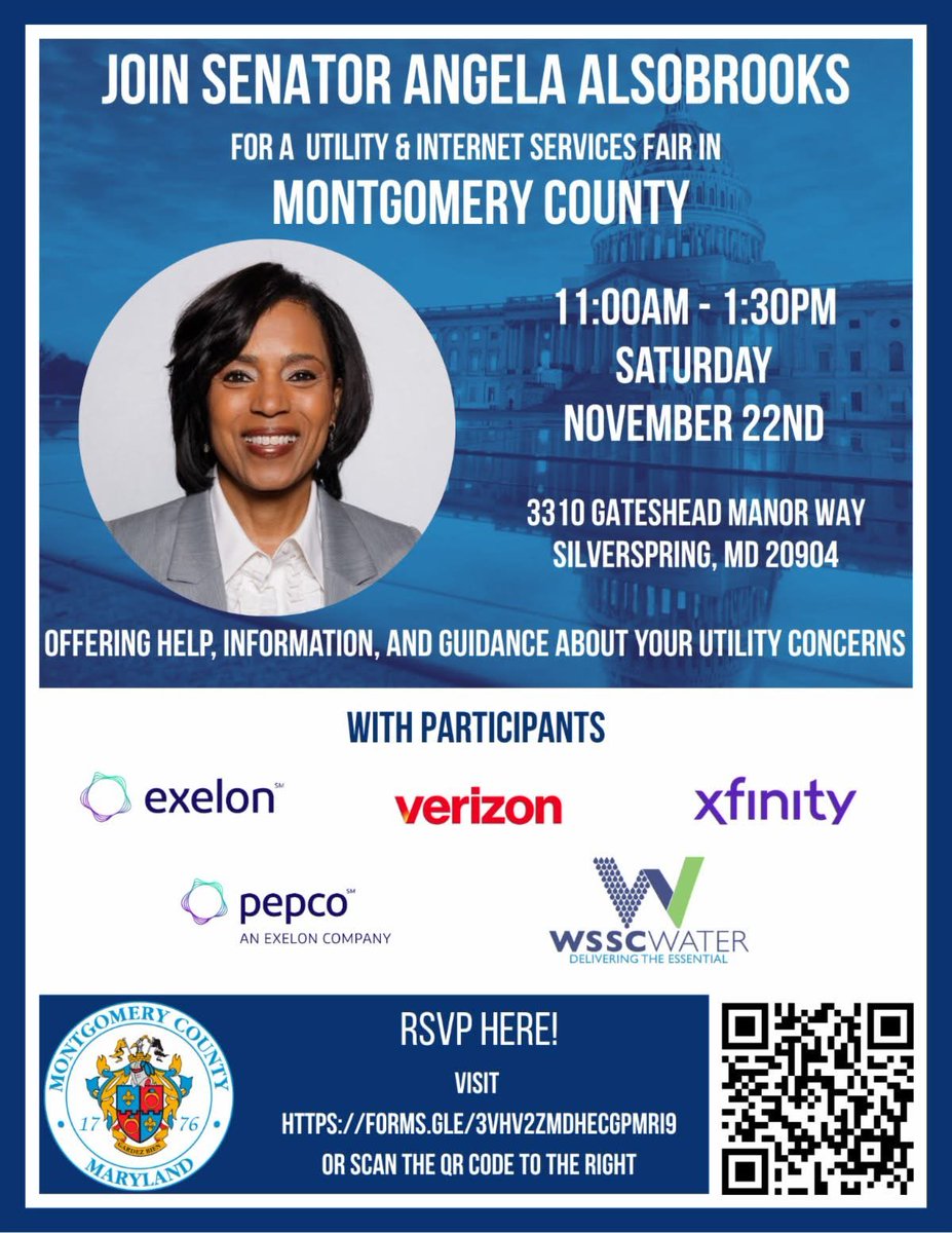 CM_Sayles's tweet image. Join Senator Alsobrooks this Saturday for a utility and internet services fair in Silver Spring this Saturday, November 22, from 11 a.m. - 1:30 p.m.