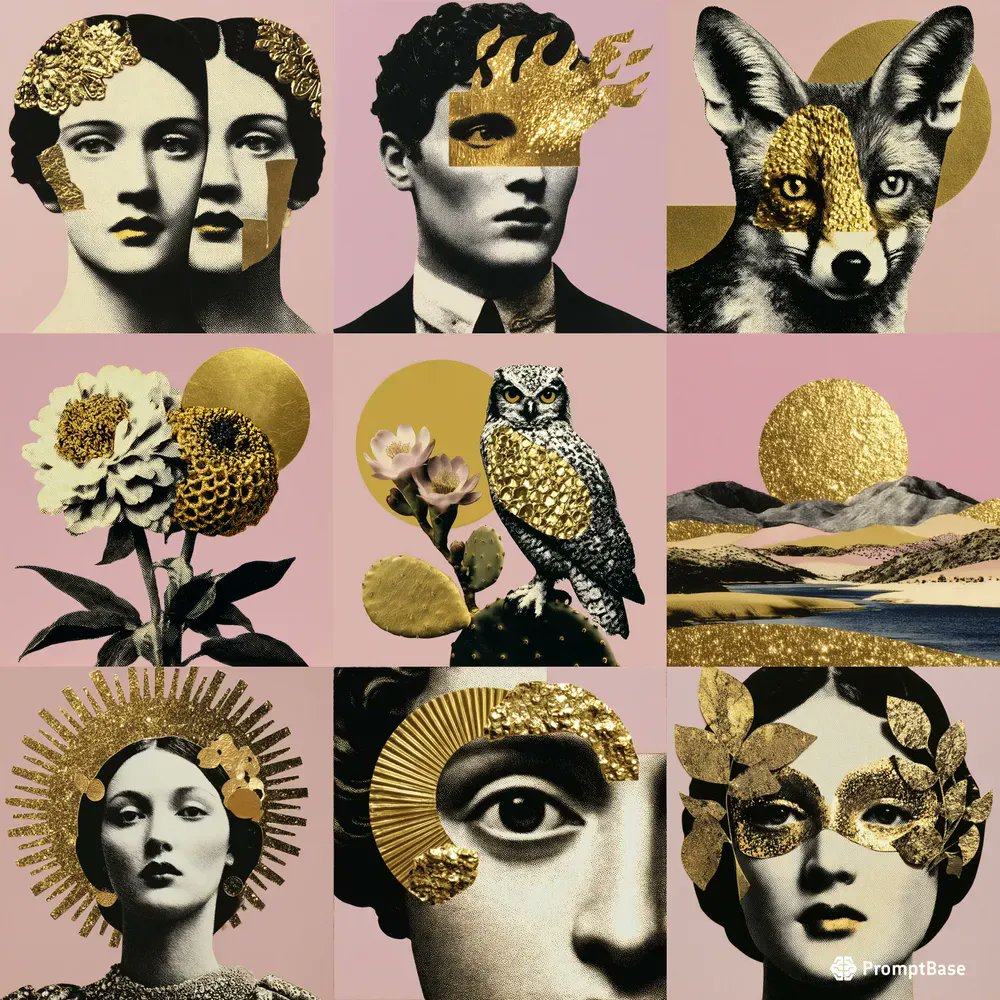 promptbase's tweet image. Gold Foil Surreal Collage Art by @sjj_design using Midjourney 🌟🖼️