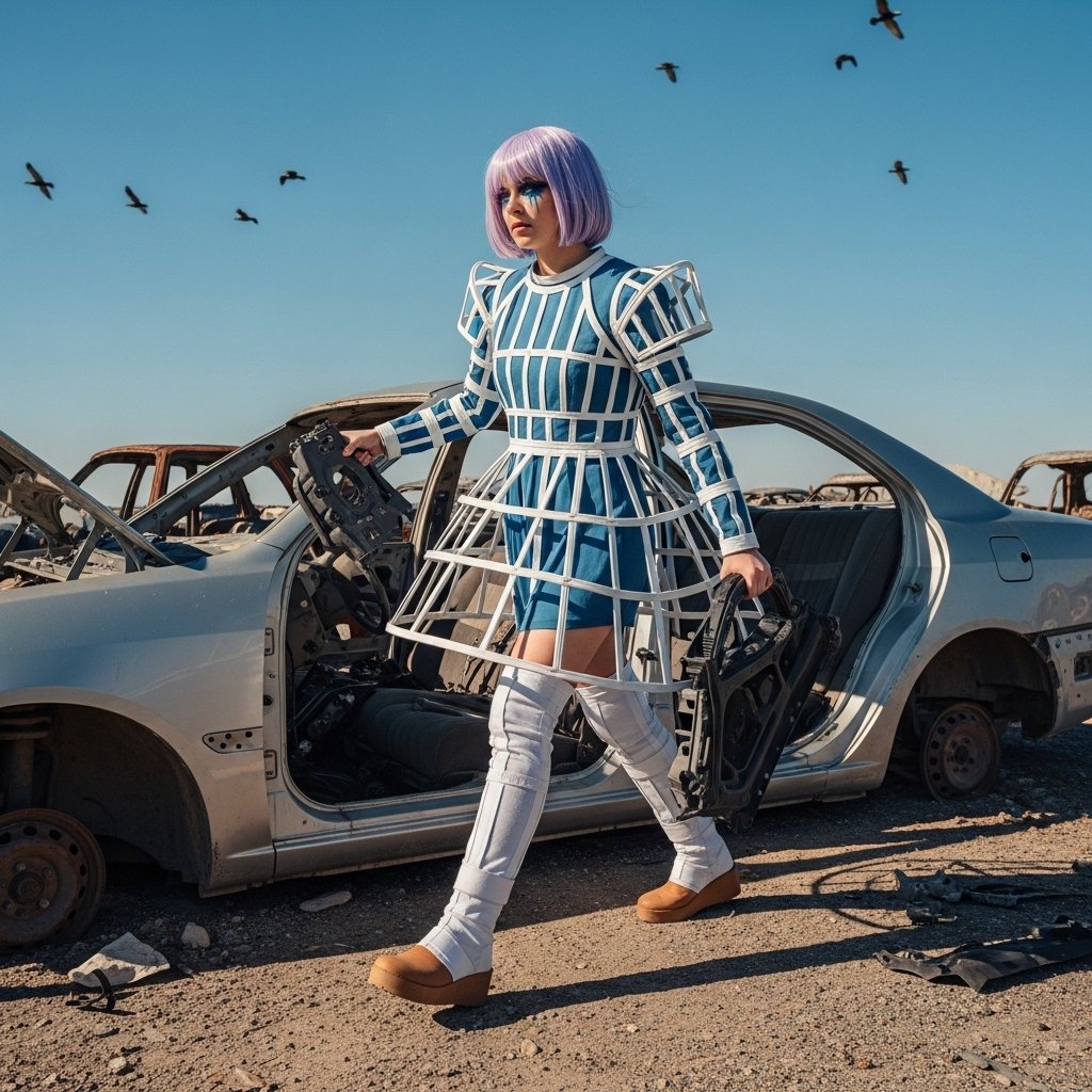 syntaxaegis's tweet image. She salvaged elegance from wreckage, one door panel at a time. The birds circled, undecided on metaphor.

#hautecouture #surrealism #art #couture #fashionphotography