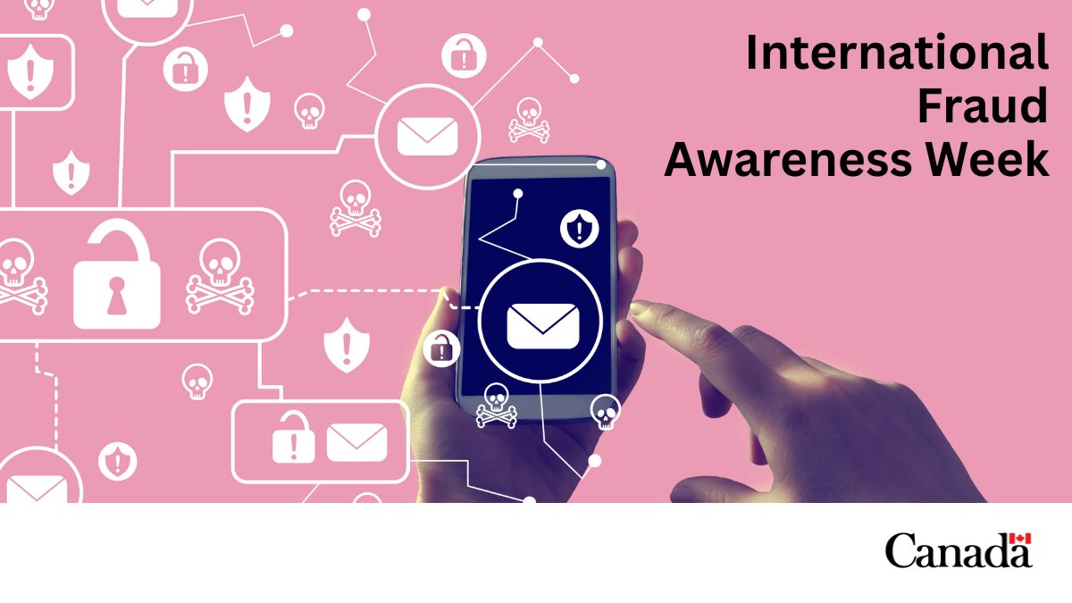 CdnDemocracy's tweet image. This week is International Fraud Awareness Week! Protect yourself from fraud and #disinformation. A fraudster might use: 
-Spoofing
-Pop-ups
-Links and attachments
… and more: getcybersafe.gc.ca/en/resources/f… @GetCyberSafe