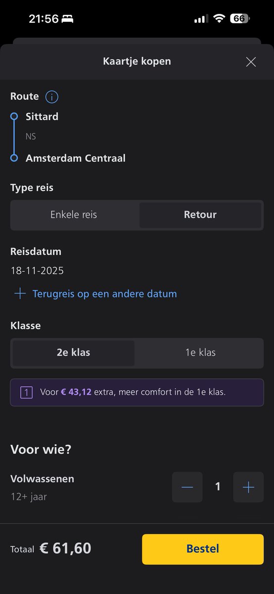 Morgen naar Amsterdam voor een training, even een kaartje voor de NS kopen. €61,60 voor een retourtje. Zelfs alleenreizend is de auto vele malen goedkoper.
