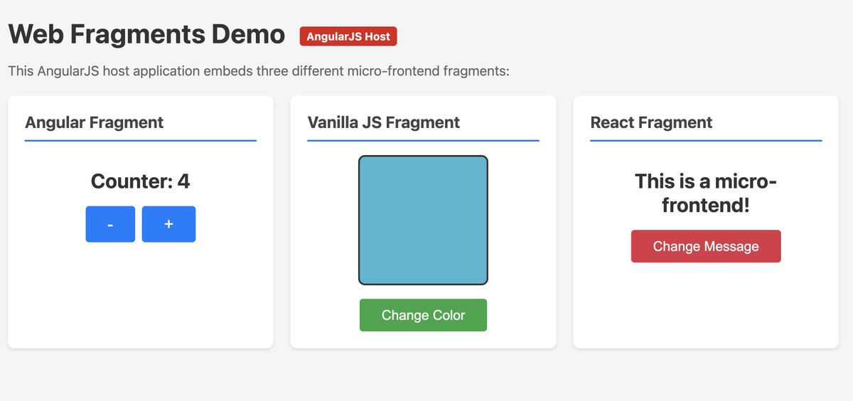 jeffwhelpley's tweet image. I am cooking up something crazy. Running the latest Angular and React inside legacy AngularJS from over a decade ago.

This is something Angular tried to do in 2016 but it didn&apos;t work that well. @WebFragments works a million times better for legacy migrations.