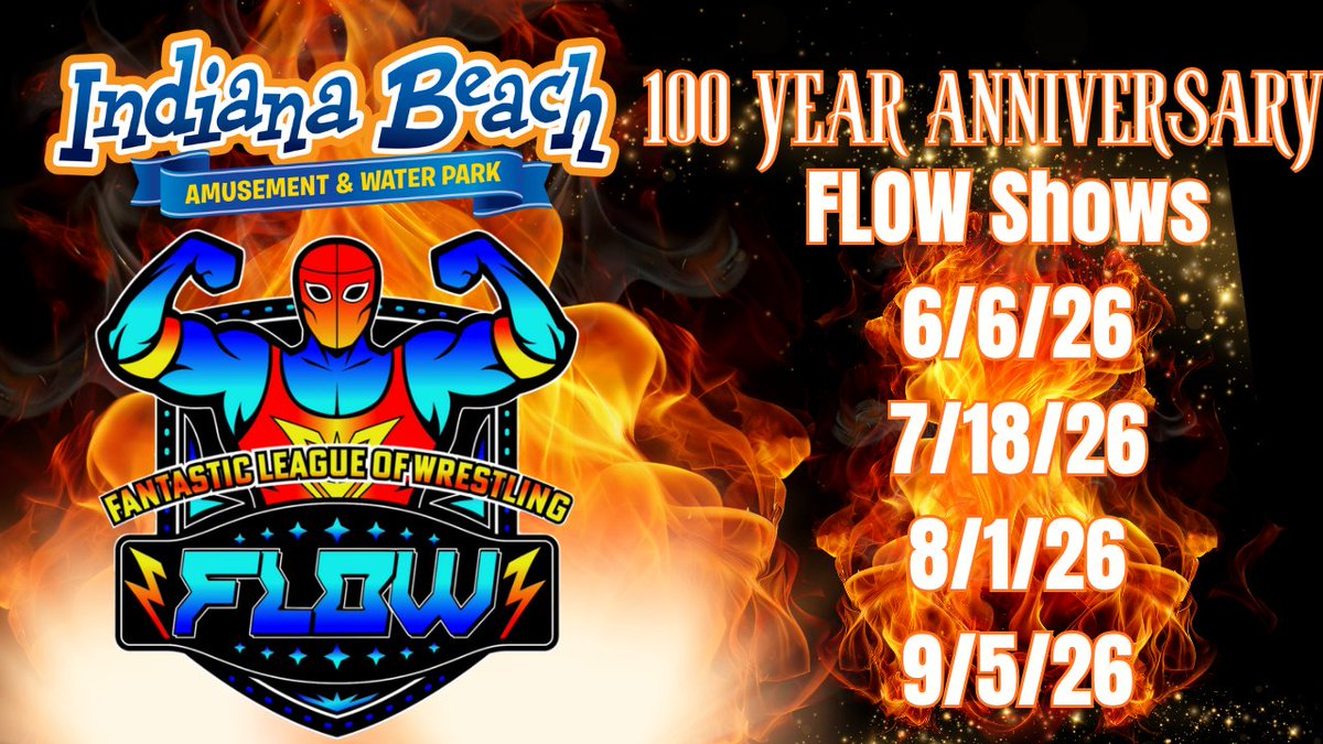 For our Indiana Beach Amusement &amp; Water Park Resort fans Fantastic League of Wrestling  will be holding events during the summer of 2026 to celebrate the 100 Year Anniversary of the park.

flowrestling.net 

#prowrestling #wrestling #LuchaLibre