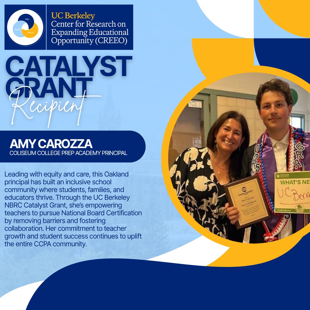 Meet Amy Carozza, Principal of Coliseum College Prep Academy and an NBRC Catalyst Grant recipient! 🎉 Through the grant, she’s empowering teachers to pursue National Board Certification and helping CCPA students reach new heights.

#UCBerkeley #CREEO #NBRC  #EducationEquity