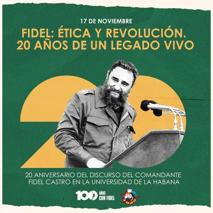 YusleybysA's tweet photo. Hace 20 años que #Fidel  pronunció un discurso trascendental en el Aula Magna de la Universidad de La Habana. Su alerta está vigente y es un mandato para cada revolucionario cubano: ¡Cuidemos la Revolución, #DePieYCombatiendo! https://t.co/YKG8kClOBi