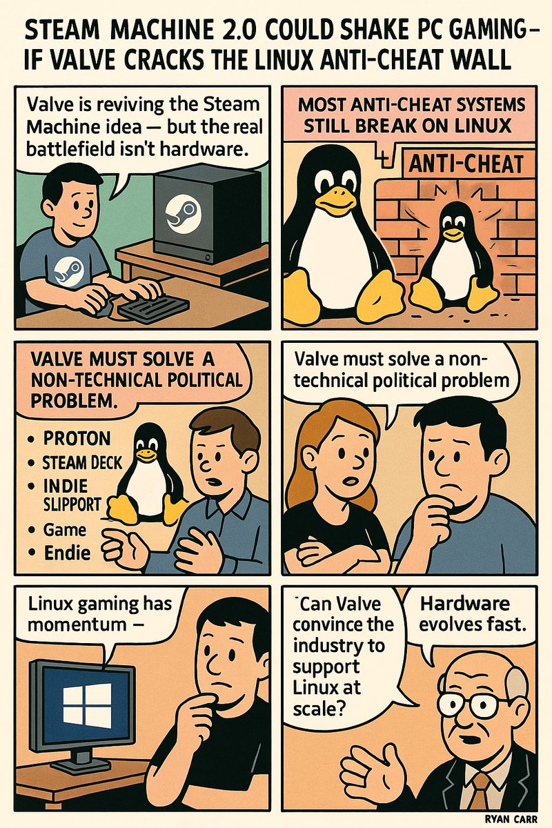 austinleenyc's tweet image. Steam Machine 2.0 Could Shake PC Gaming — If Valve Cracks the Linux Anti-Cheat  Wall

Valve is reviving the Steam Machine idea — but the real battlefield isn’t hardware.
It’s Linux.

The new Steam Machine could finally push PC gaming beyond Windows, yet one structural barrier…