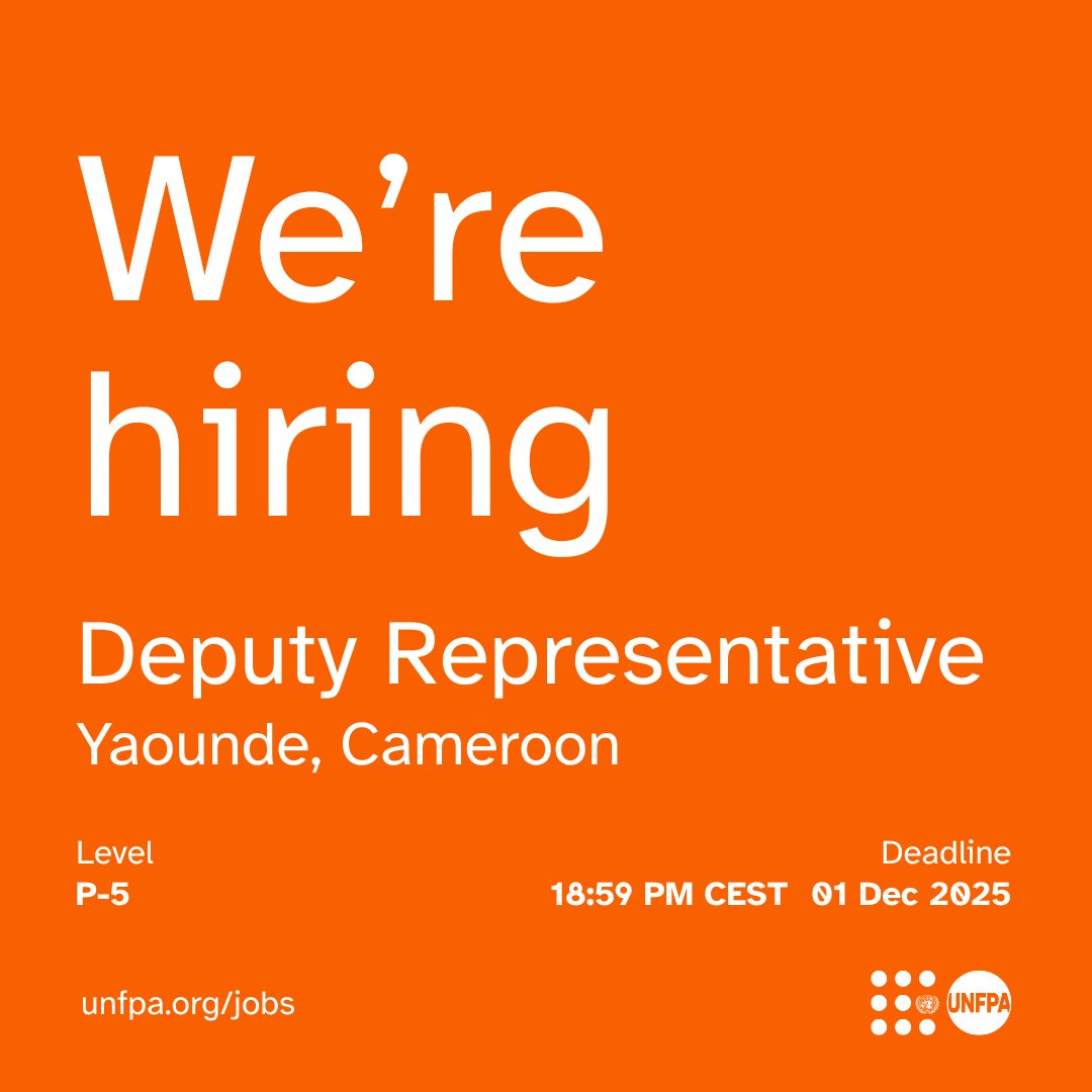 UNFPA's tweet image. ⚠️ #JobAlert: We are looking for a Deputy Representative (P-5) in #Cameroon. 

Spread the word and apply here before 1 December 2025: unf.pa/RepCam 

#UNJobs