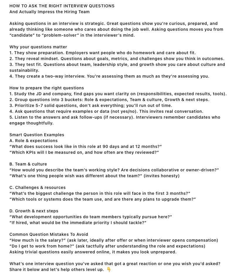 CEO_bizzy's tweet image. from HR Toluwalope Rebecca Amojo

HOW TO ASK THE RIGHT INTERVIEW QUESTIONS
…and Actually Impress the Hiring Team…

Asking questions in an interview is strategic. Great questions show you&apos;re curious, prepared, and already thinking like someone who cares about doing the job well.