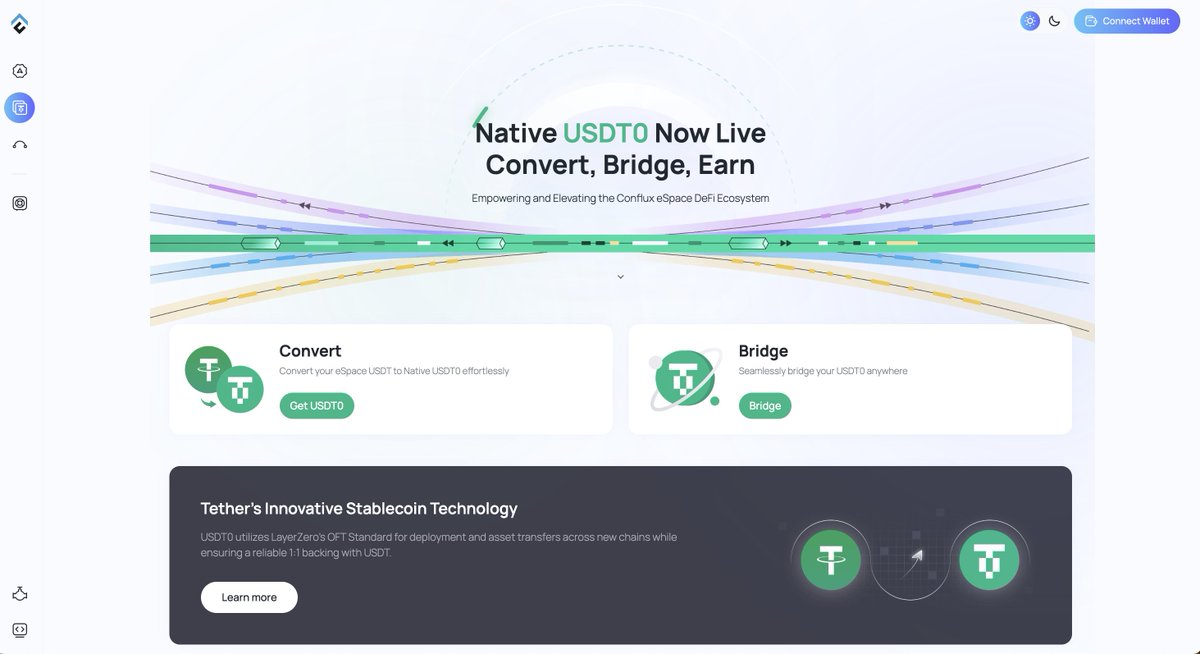Conflux_Network's tweet image. USDT0 eco-page is now live on ConfluxHub: v2.confluxhub.io/usdt0

🔄 Convert cUSDT → USDT0
Easily migrate to native USDT0 with just a click.

⛓️ Bridge USDT0 across multiple chains
Bridge USDT0 from eSpace to other chains.

More tools and features coming soon — stay tuned!