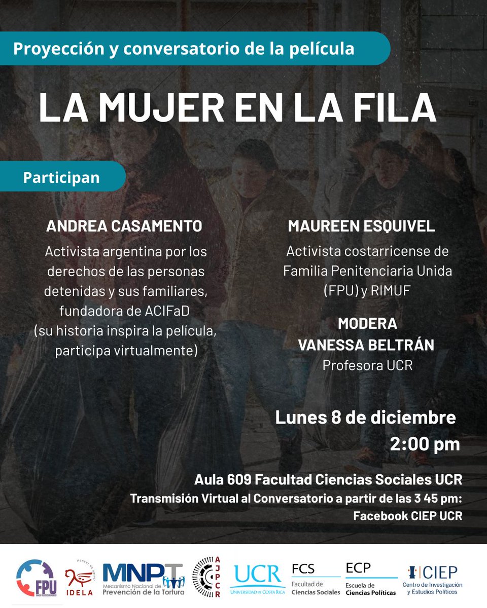 #Invitación Les invitamos a participar de la proyección de la película y el conversatorio "La mujer en la fila"

📅  Lunes 8 diciembre
⏰ 2:00 pm
📍 Aula 609 FCS