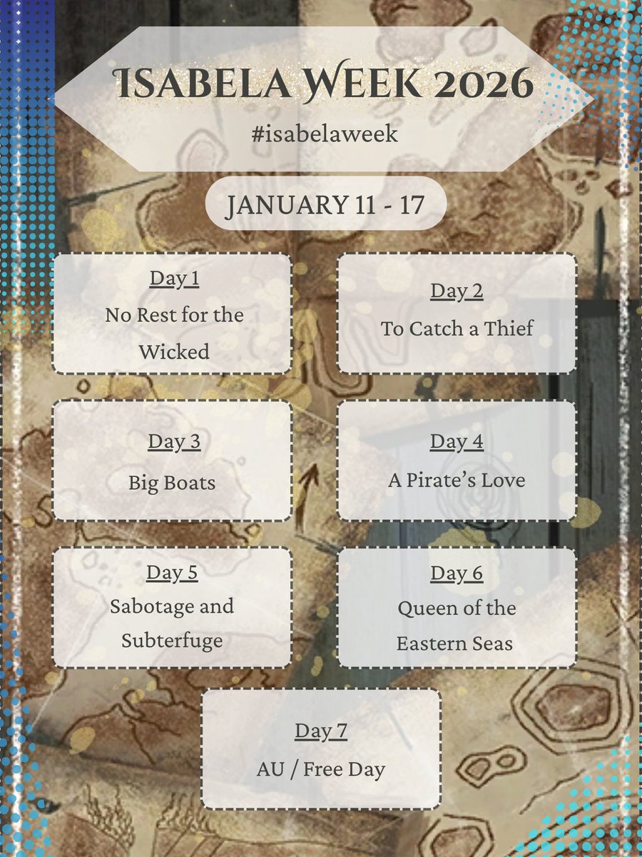 Isabela Week 2026 prompts are here! 

Starting on Sunday January 11th, and finishing on January 17th. Hope to see you there! 🌊 🏴‍☠️ 

#isabelaweek #isabelaweek2026