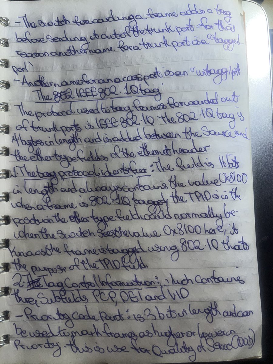 amyy_nwa's tweet image. Day11/100 #100DaysOfNetworking 
I focused on understanding the fundamental concepts of VLANs including frame tagging, trunking, access ports and the role of native VLANs. Also the function of 802.1q tags @ireteeh @TemitopeSobulo @segoslavia @sisinerdtweets @OnijeC @cybersafehq