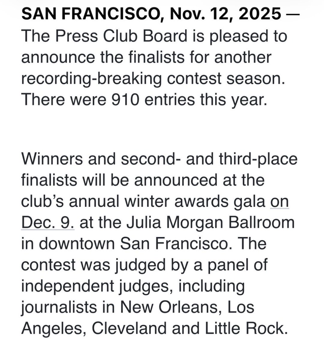 910 entries in the 2025 <a href="/SFPressClub/">SF Press Club</a> awards this year! Congratulations to the VOSF’s <a href="/MikeEge/">Mike Ege</a> <a href="/jzipperer/">John Zipperer</a> ⁦<a href="/Jerold_Chinn/">Jerold Chinn 陳景深</a>⁩ and <a href="/SusanDReynolds/">💥Susan Dyer Reynolds🗞️</a> for being finalists! Winners will be announced Dec. 9 👏