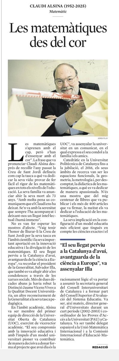 Et trobarem a faltar Claudi. Mil gràcies pel teu mestratge personal i intel·lectual. Un referent en l'àmbit universitari, científic i divulgador. Quantes converses i complicitats. Descansa en pau ⁦<a href="/recercauniscat/">Recerca i Universitats</a>⁩ ⁦⁦<a href="/ClaudiAlsina/">Claudi Alsina Català</a>⁩