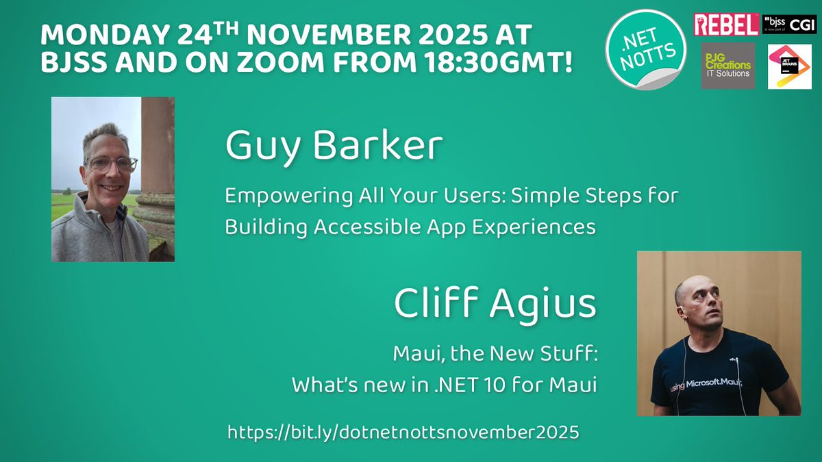 dotnetnotts's tweet image. Join us next Monday, where we&apos;ll welcome along Guy Barker and Cliff Agius for an evening of @Microsoft @dotnet #Maui!

⏰ Mon 24th Nov @ 18:30GMT
🌍 CGI (BJSS), King Street, Notts
🔗 meetu.ps/e/PFKsx/qggtP/i

Thanks to CGI, @RebelRecruiters and @PJGCreations!
