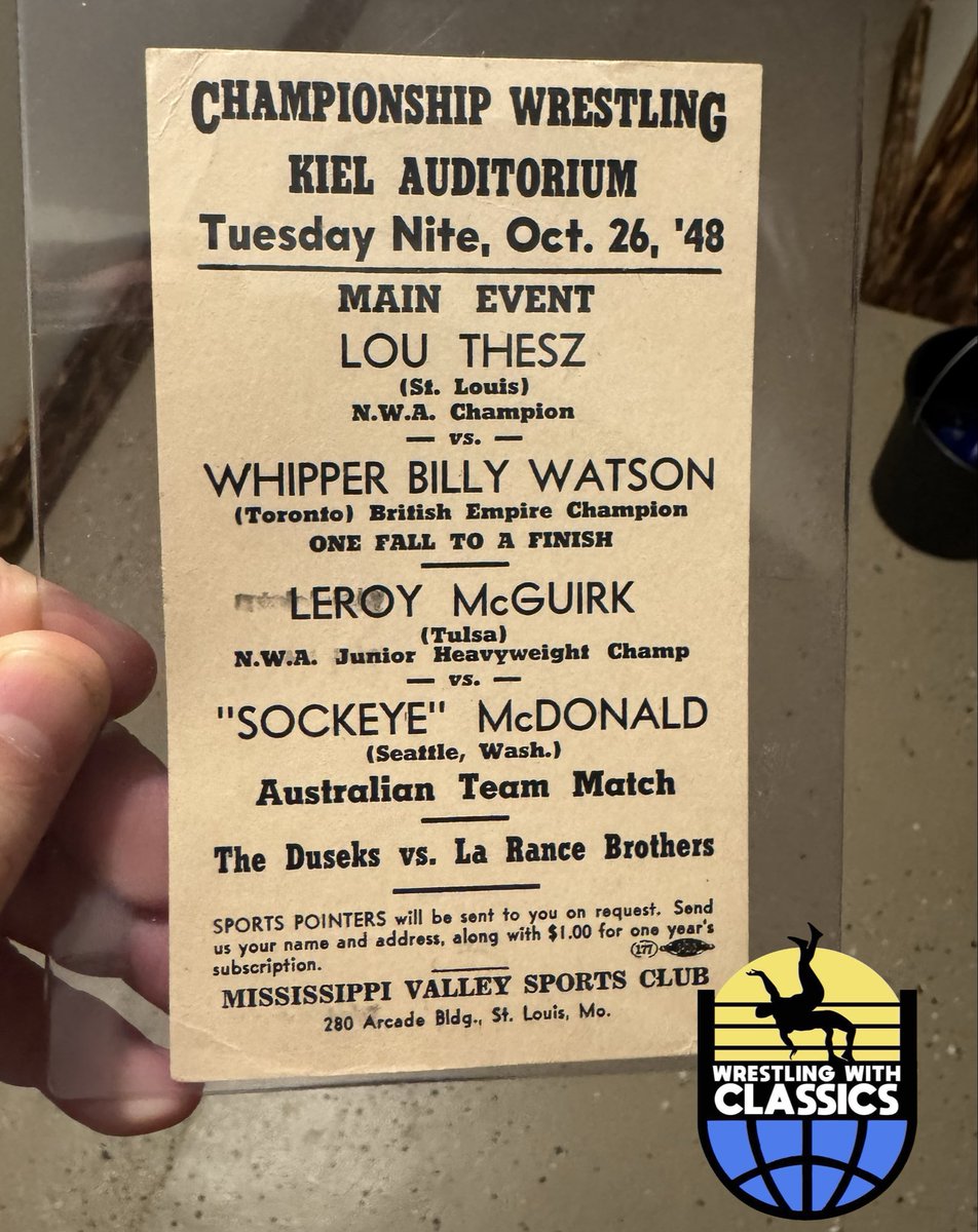 Was able to pick up this original post card from 1948 featuring #LouThesz &amp; #WhipperWatson in the main event at the #KielAuditorium #suckerforstlouis #wrestlingwithclassics